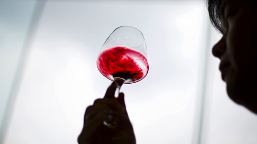 A man examines a glass of red wine from Spain during a Vinexpo Asia-Pacific tasting session in Hong Kong on May 28, 2008