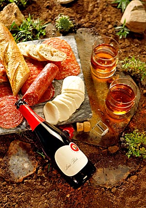 Lu��s Pato's robust Casta Baga accompanies a platter of cheese, salumi and bread.